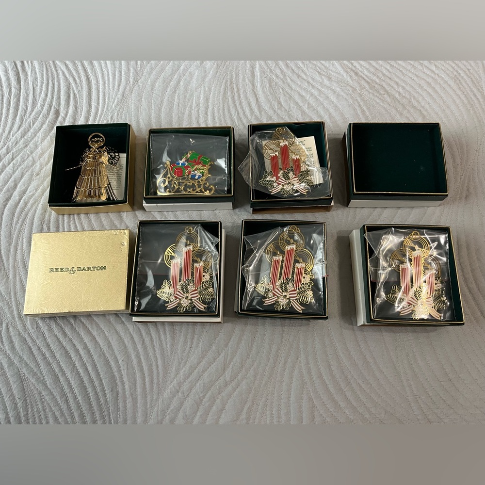 VTG Reed & Barton Colors of Christmas Ornament Lot of 7 Sleigh Angel Candelabra